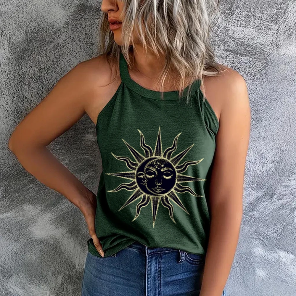 

Bohemian Sun & Moon Women's Solid Color Versatile Vest,Round Neck Vest,Trendy Tank Tops,Summer Tank Top,Work Out Tank Top