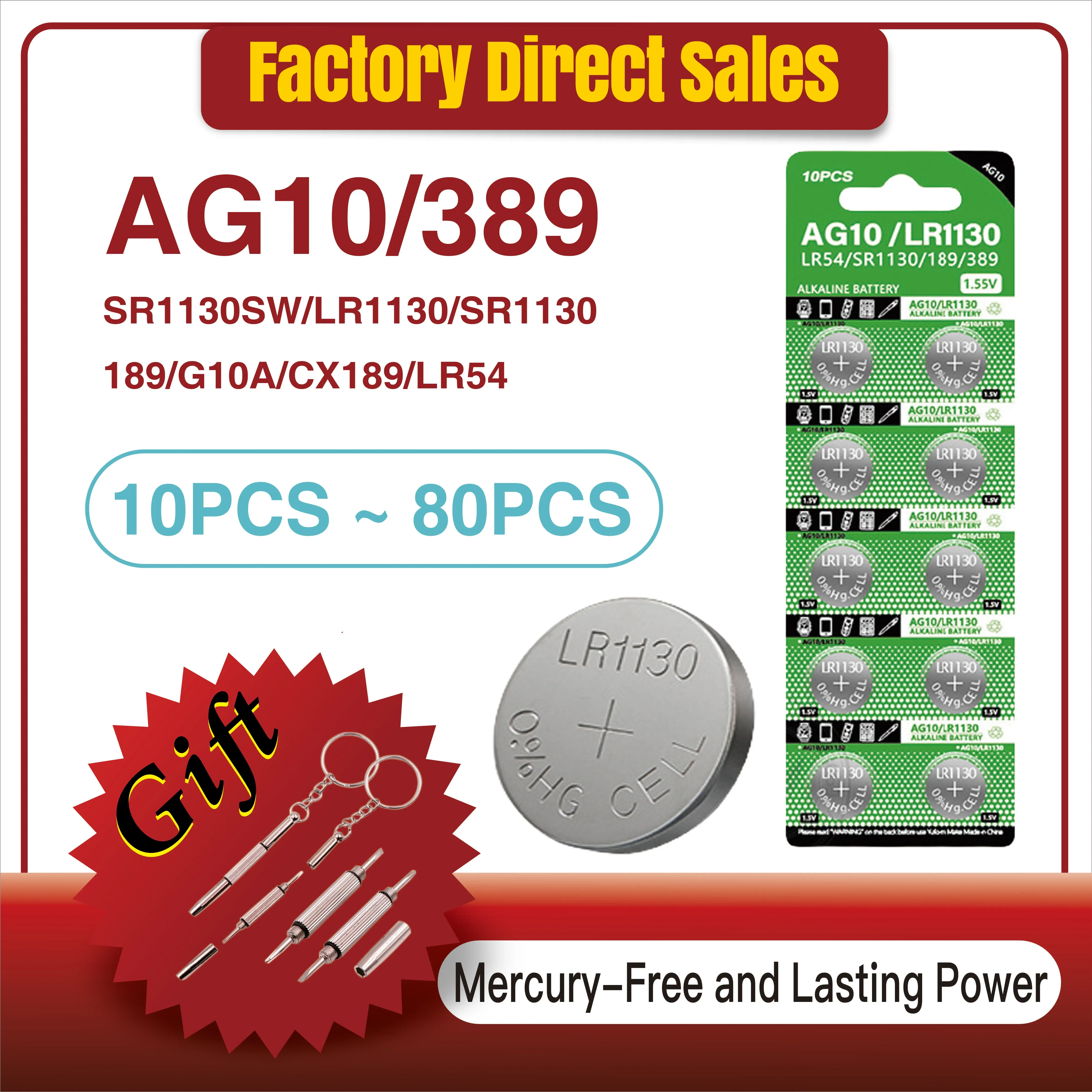 

10-80PCS AG10 LR1130 Button Batteries SR54 389 189 SR1130 D189 LR54 G10A SR1130SW Toys Remote Battery Cell Coin Watch 1.55V