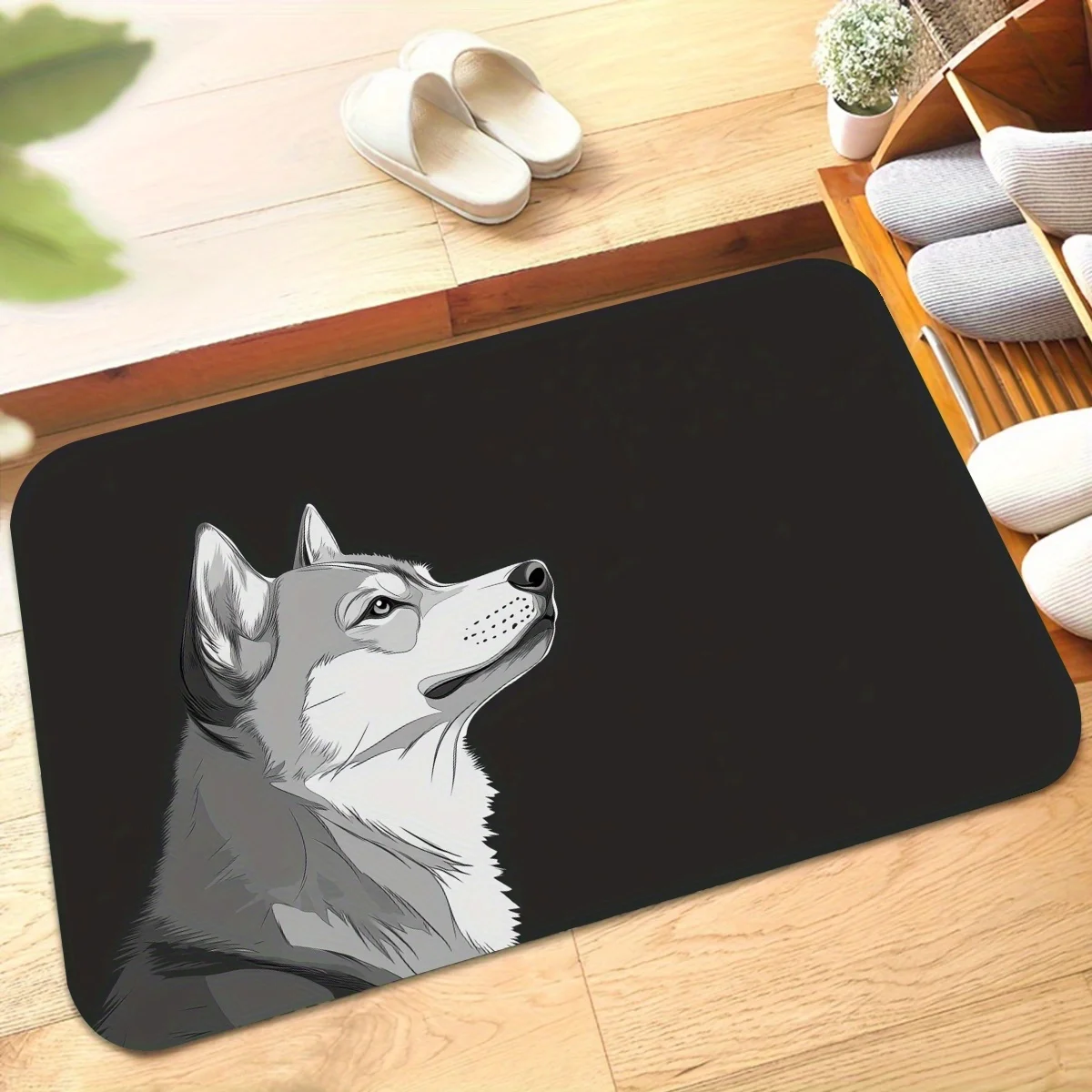1pc Silver husky patterned floor mat, machine washable polyester, suitable for bedroom and living room decor.