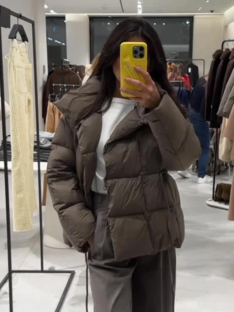 HH Women Winter Warm Short Coat Fashion Female High Collar Long Sleeves Pockets Drawstring Single Breasted Decoration Jackets