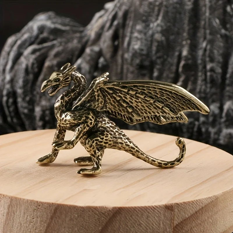 2 Classic Brass Mythical Flying Dragon Statues, Rustic Design for Collectors and Enthusiasts view 6