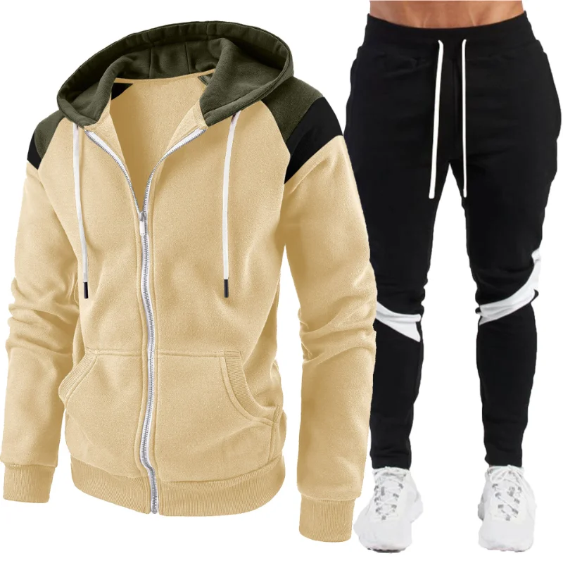Men Color Block Zip Hoodie Jacket Patchwork Jogger Pants Two Piece Sports Tracksuit