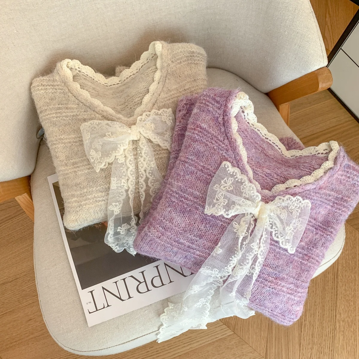 Damen V-Ausschnitt Langarm Casual Pullover mit Spitze Schleife Y2K Französisch Elegant High Street Ästhetische Mode Retro Herbst Winter Top