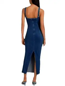 2025 時尚女裝休閒歐美風 U 領破洞及踝長藍色牛仔修身吊帶連身裙 10 最佳銷售 長袍牛仔褲 - №6