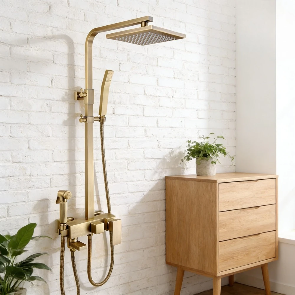 

Brass French retro shower set, square antique brushed shower, bathroom rain nozzle