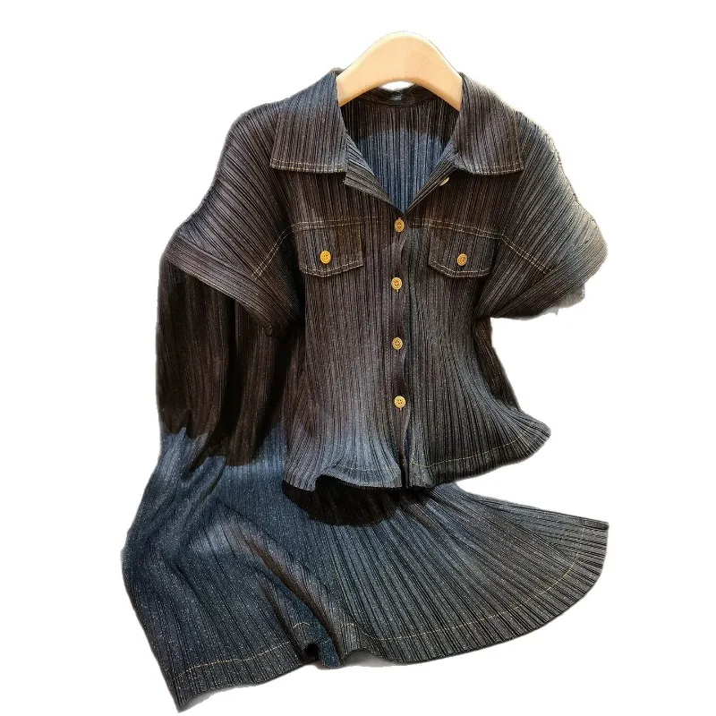 مياكي مطوي تنورة مجموعة خمر قميص دينيم فو بوستير أضعاف Jupe الطيات مجموعة 2026 ربيع جديد أعلى + ألف خط تنورة 2 قطعة الإناث