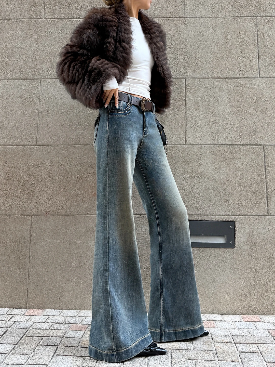 

Ретро джинсы-клеш с флисовой подкладкой для женщин, зима 2025, новые, утепленные, в пол, повседневные, прямые брюки