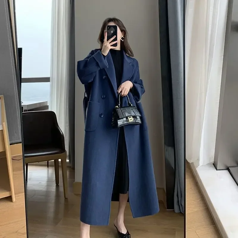 

Fashion Long Wool Coat Women Elegant Faux Wool Casual Belt Long Jacket Winter Office Lady Double Breasted Simple Outwear