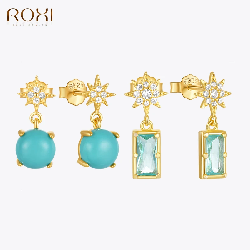 ROXI 925 Sterling Silver Star Zircon Piercing Stud Earring For Women Party Daily Wear Turquoise Drop Jewelry Gifts bijoux femme