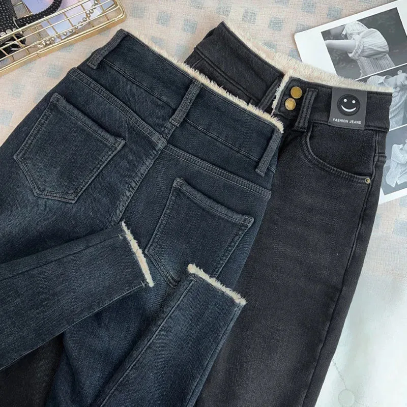 Jeans lápis fino em lã de cordeiro feminino, calça macia, cintura alta vintage, calça jeans grossa de lã, legging de veludo casual, quente