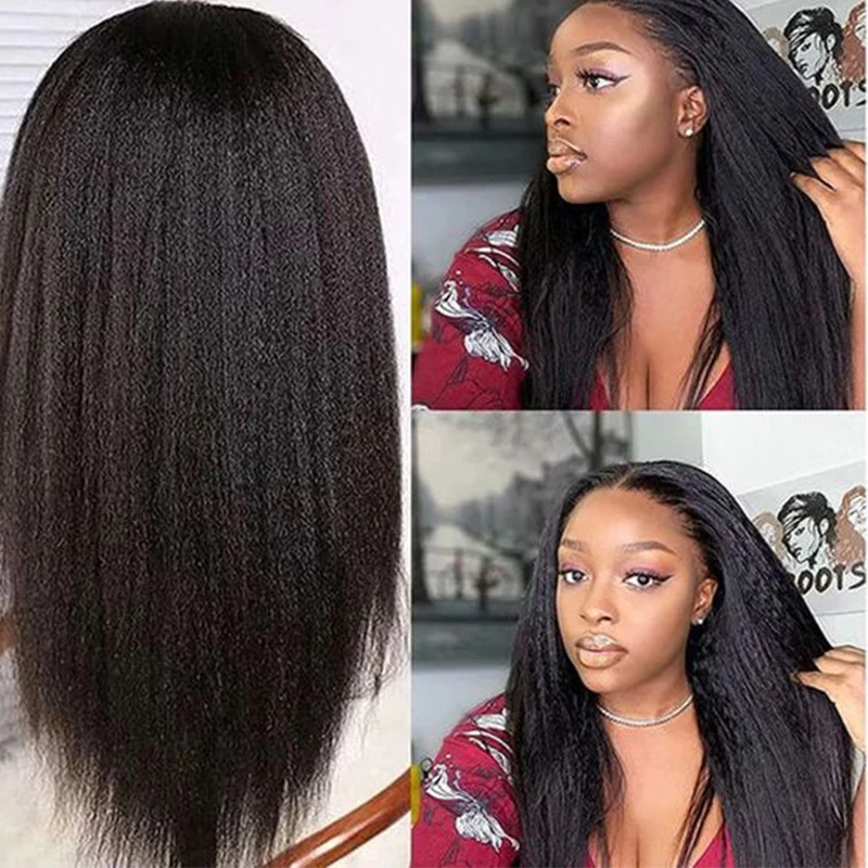 Natural Black VPart Wig Kinky Straight Human Hair Wigs Glueless U Part Wig Full Machine Made With Clips For African Women