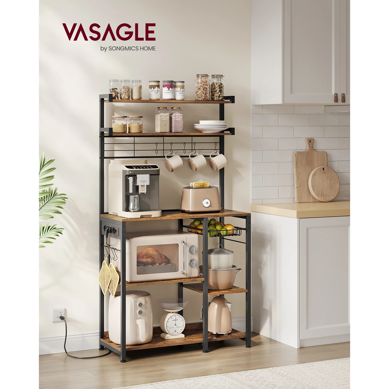 VASAGLE Bakery Shelf: Microwave Stand, 4 AC Outlets, Adjustable Shelves, 8 S-Hooks, Basket, Spice Rack, Brown/Ink Black.