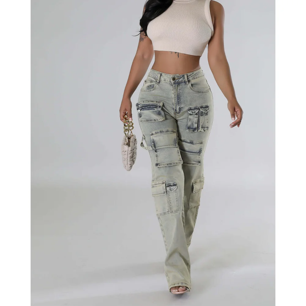 Women Fashion Multi Pocket Straight Denim Pants Female Streetwear Cargo Style Wide Leg High Waist Baggy Straight Hip Hop Jeans