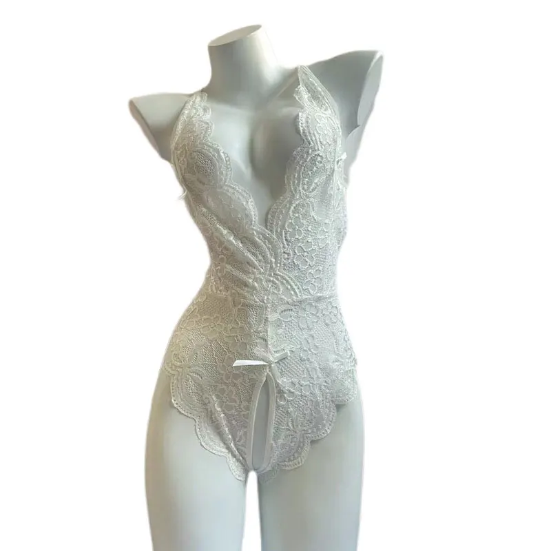 女性のためのホットエロ透明ボディセクシーなタイツランジェリー下着セクシーな衣装レースオープンクロッチランジェリーセットボディスーツ