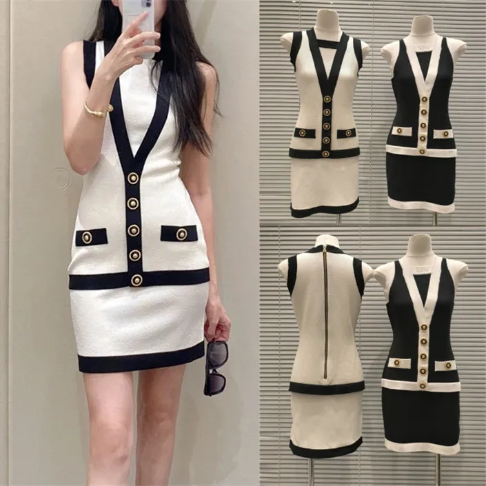 

Ele Knitted Svel Vest Dr Women's High-End Version Parisian Luxury Gold Bule Zipper Color Blo Fake Two-Piece ...