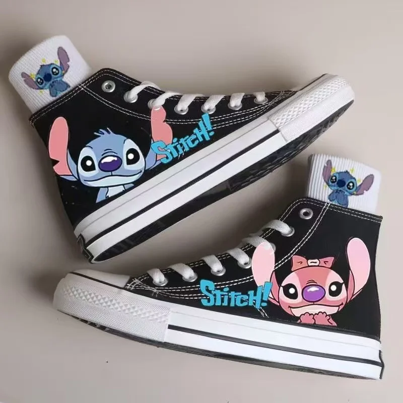 Sepatu kanvas hitam niche desain atasan tinggi pelajar pola Stitch lucu kartun musim gugur 2024 untuk pasangan pria dan wanita