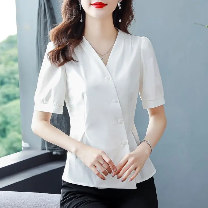 Women\'s Clothing Stylish Pleated Blouse Commute Solid Color Waist Summer Short Sleeve Elegant V-Neck Chic Single-breasted Shirt