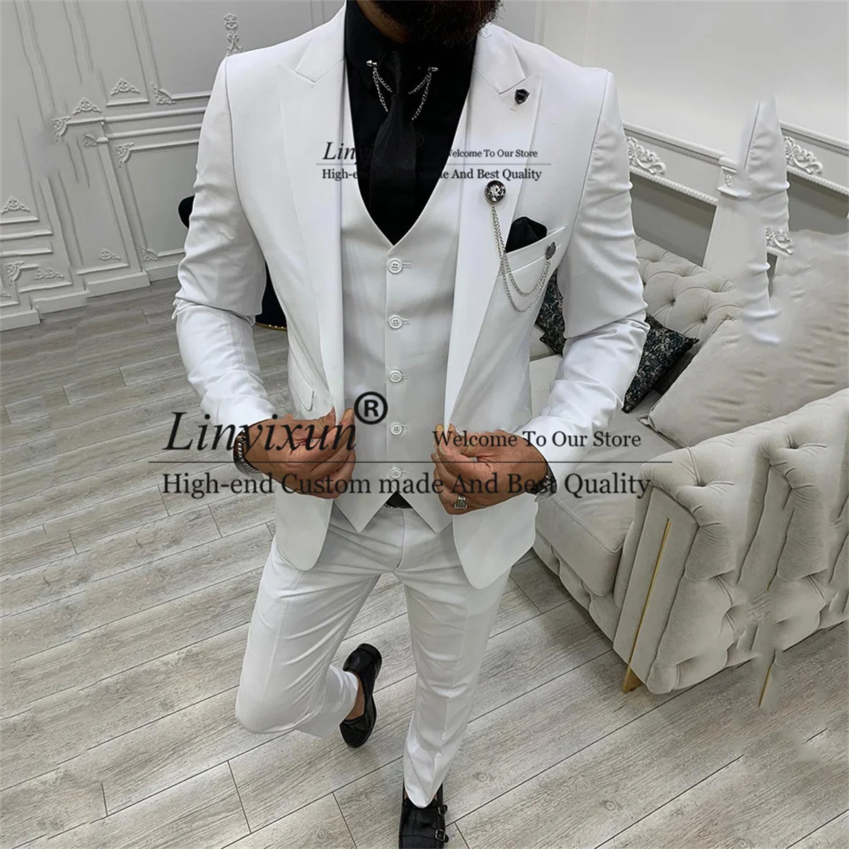 

Fashion White Wedding Suits for Men 3 Pieces Sets Business Male Blazers Slim Fit Groom Tuxedos Prom Groomsmen Terno Masculino