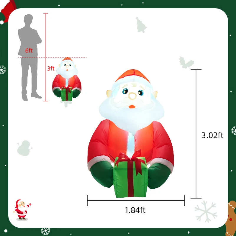 Papá Noel inflable de 0,9 M/2,9 pies, luces LED de regalo, decoraciones para el hogar, juguetes, patio, suministros navideños, decoración de jardín al aire libre