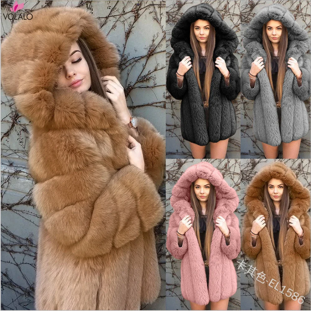 VOLALO 2024ใหม่ล่าสุดFluffy Hooded Faux Fur Coatผู้หญิงฤดูหนาวเสื้อหนาแขนยาวเสื้อขนสัตว์ฤดูหนาวเสื้อขนสัตว์