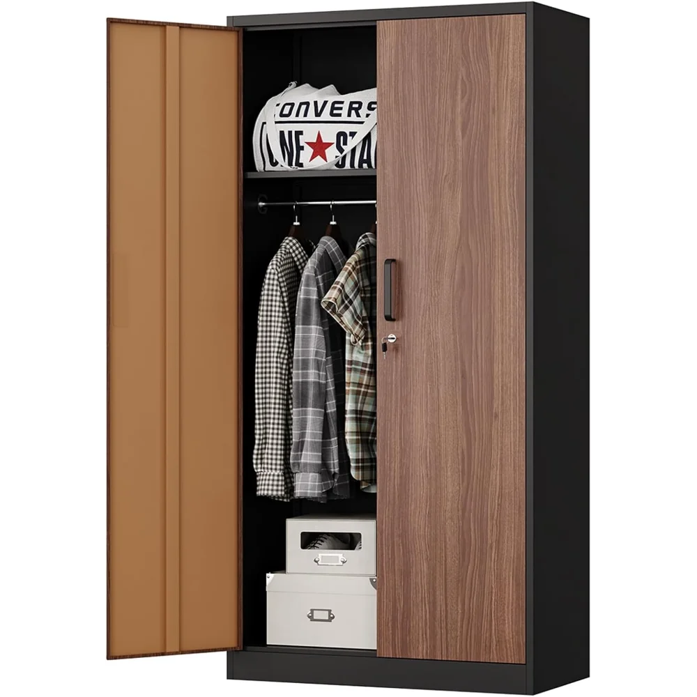 Armario de metal con puertas de bloqueo, armario de almacenamiento de metal para ropa, armario de madera de 2 puertas