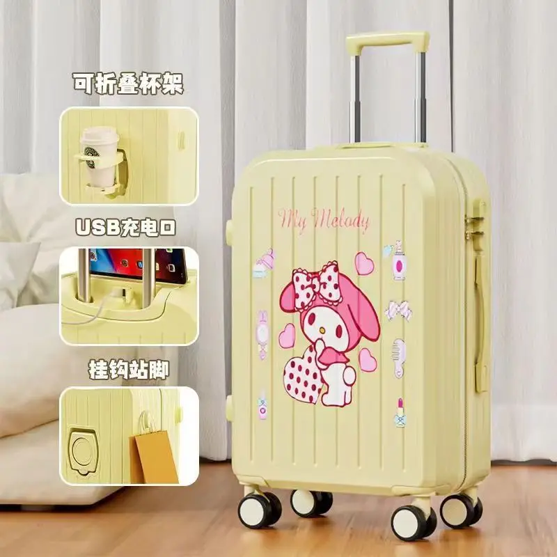 Vertical Strip Sanrio Cartoon Printed Travel Suitcase, Hard Shell Carry On Luggage with Usb Port, Foldable Cup Bracket and Hook