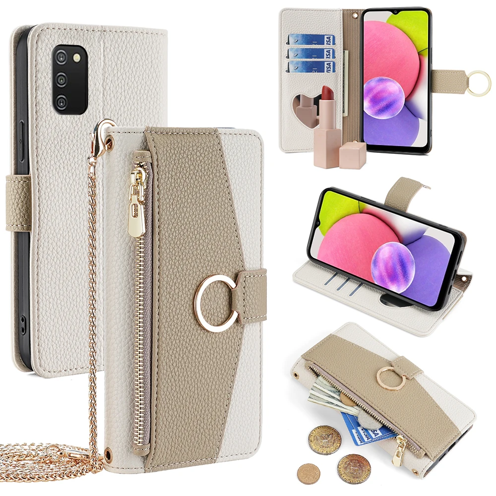 New Crossbody Phone Case for Samsung Galaxy A03 A03s A02S A02 A01 A3 A2 Core Cover Long Metal Chain Phone bag Small Mirror