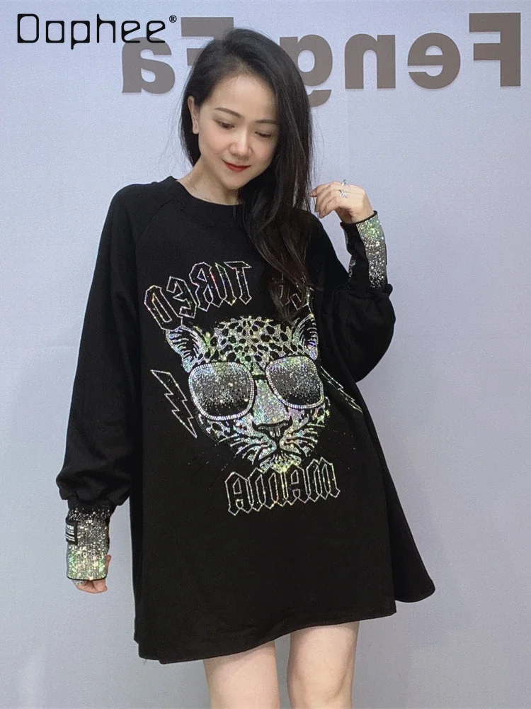 Oversize Women's Black Cuffs Hot Diamond Long Sleeve Top 2024 Fall New Casual Versatile Cartoon Simple Mid Length T-Shirt