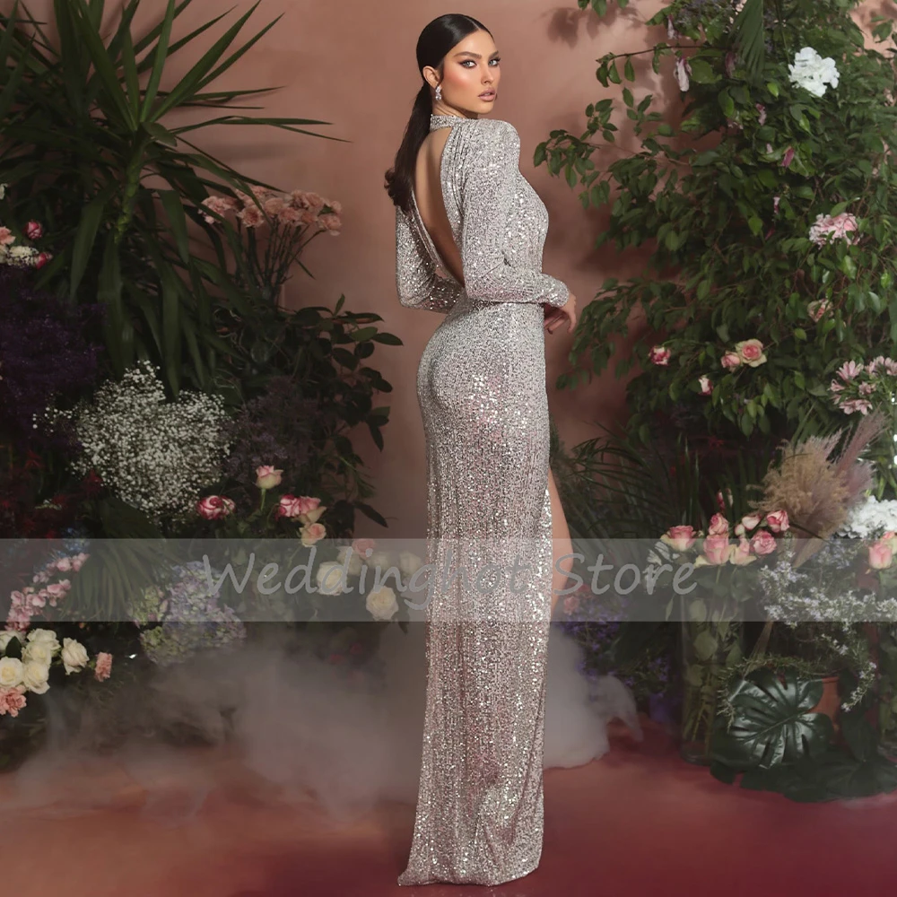 Women\'s Evening Dresses Sparkly Sequined Long Sleeves Mermaid Gown Silver High Slit Backless Sexy Prom Party Dress 2023