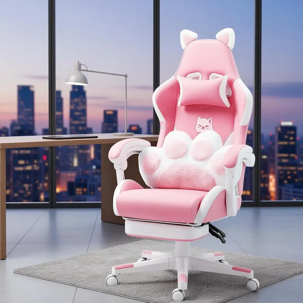 كرسي ألعاب مريح من جلد البولي يوريثان مع دوار قابل للتعديل واستلقاء، 360 درجة ° دوران، 45 ارتفاع، وردي للبالغين والأطفال #1