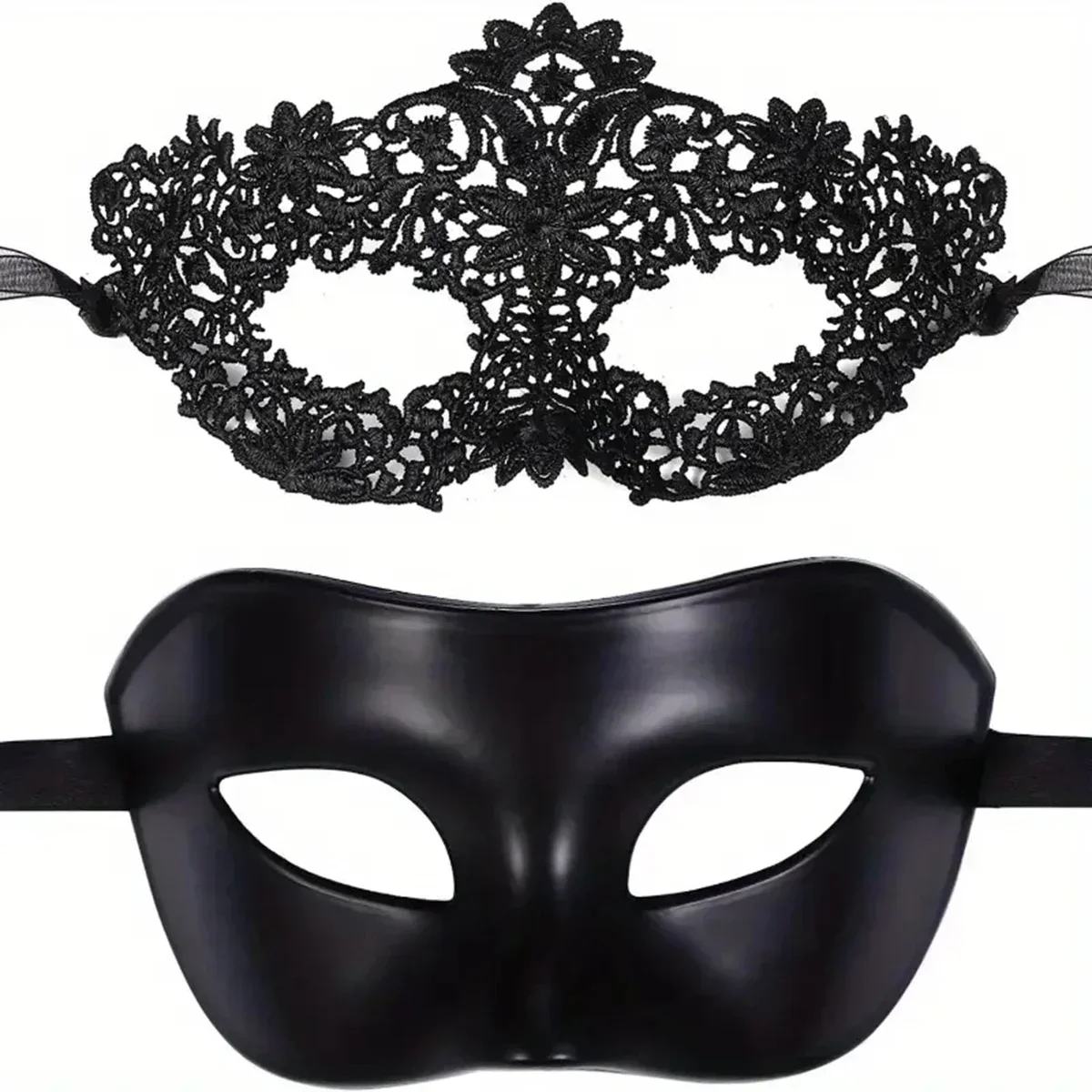 2pcs Elegant Black Lace Masquerade Mask Set for Couples - Perfect for Venetian Party, Mardi Gras, and Halloween Celebrations