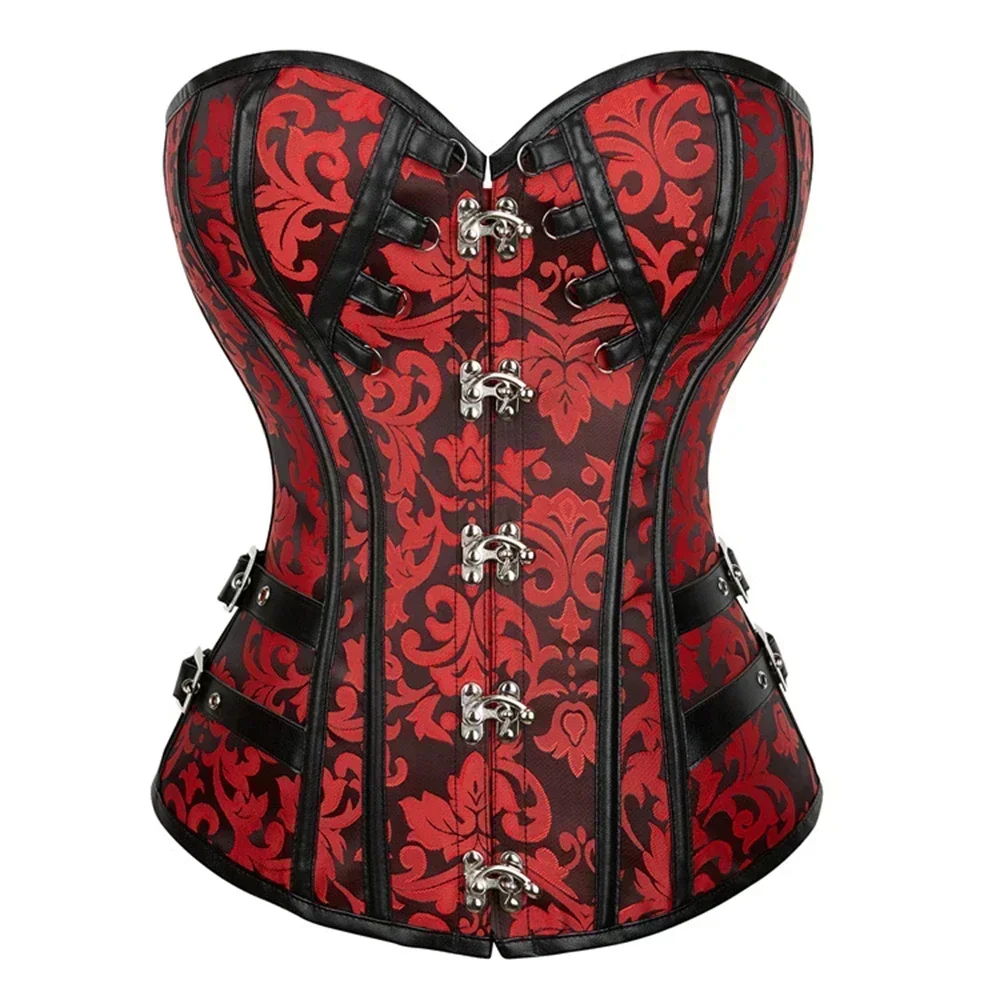 Women Steampunk Overbust Red Corset Top Waist Cincher Sheath Sleeveless Retro Corselet Blouse Gothic Clothes