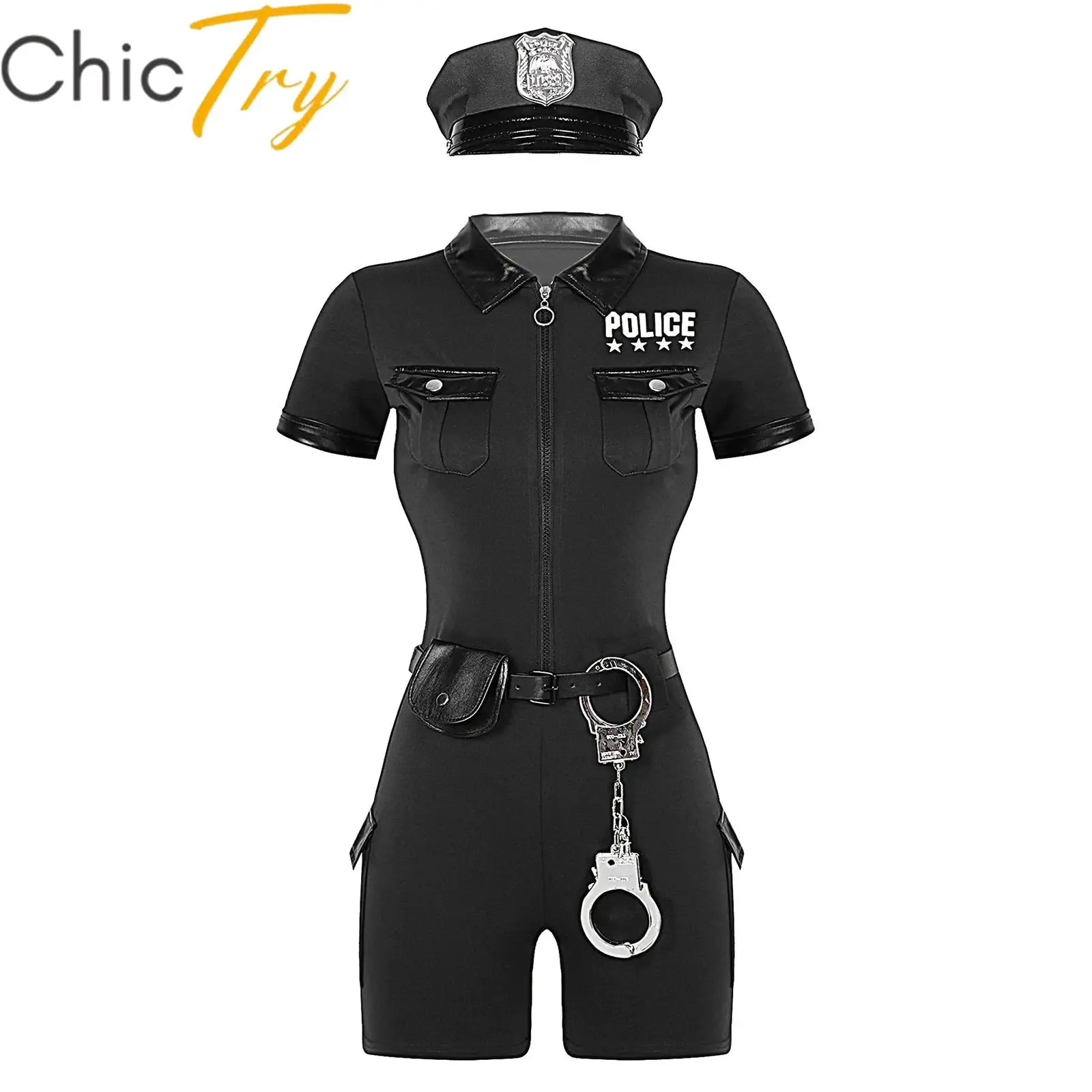 

Womens Dirty Cop Police Officer Uniform Halloween Role Play Party Outfits Policewoman Cosplay Costume Jumpsuit Stage Dress Up