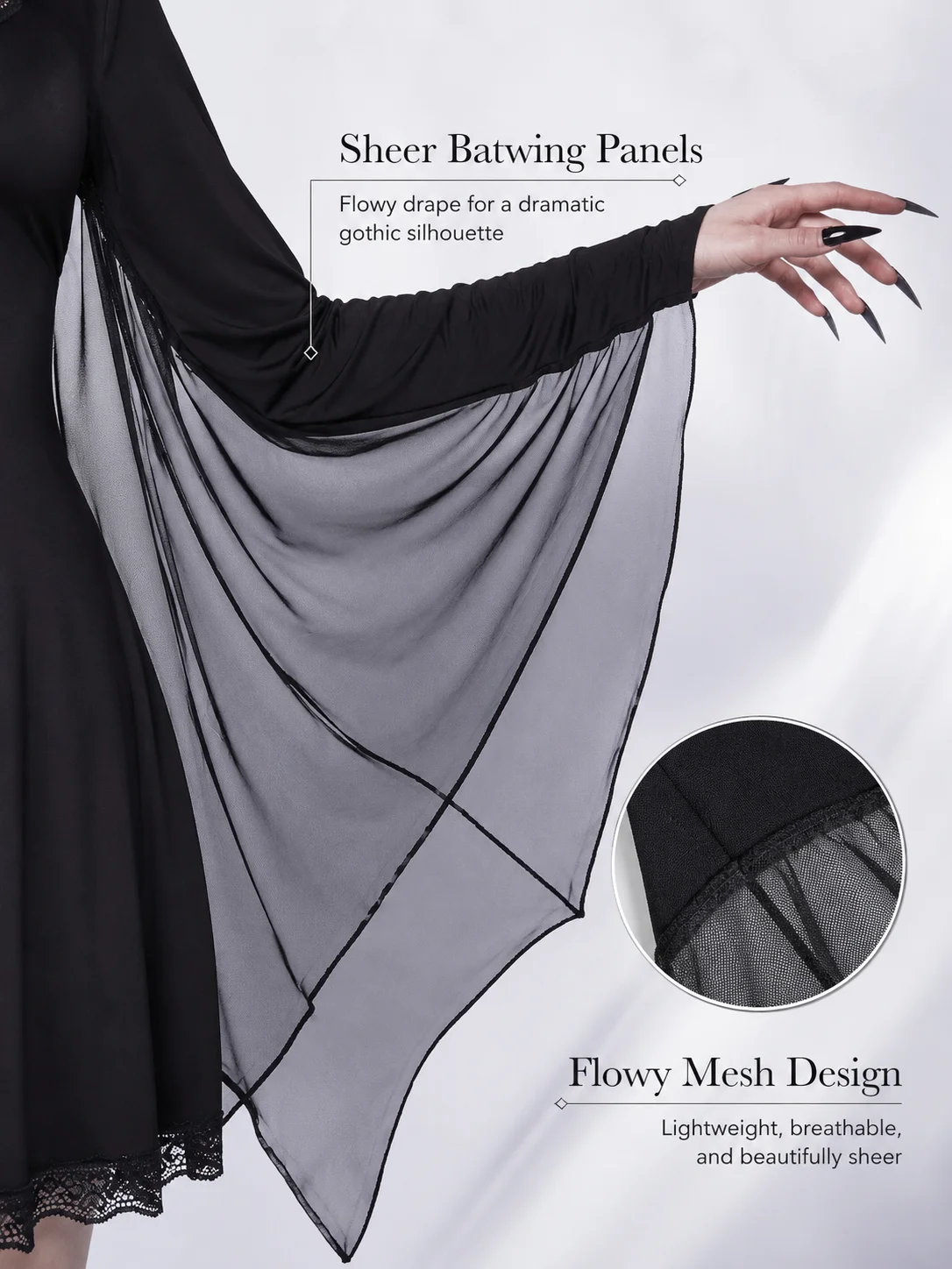 Women Dark Gothic Bat Wing Vampire Dress Lace V Neck Long Sleeve Finger Loop Chiffon Bat Sleeve A Line Mini Dress for Halloween Party Cosplay Carnival Clubwear Night Out，halloween costume, vampire costume, bat wing dress, gothic dress, witch cosplay dress view 6
