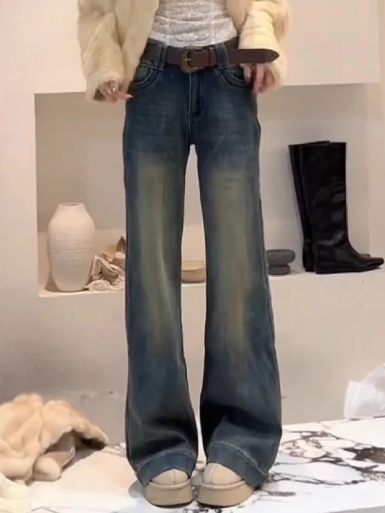 

High Waist Wide Leg Jeans Women's Faion mat Winter New Sle Loose Fit Straight Cut Trousers Breathable Polyester