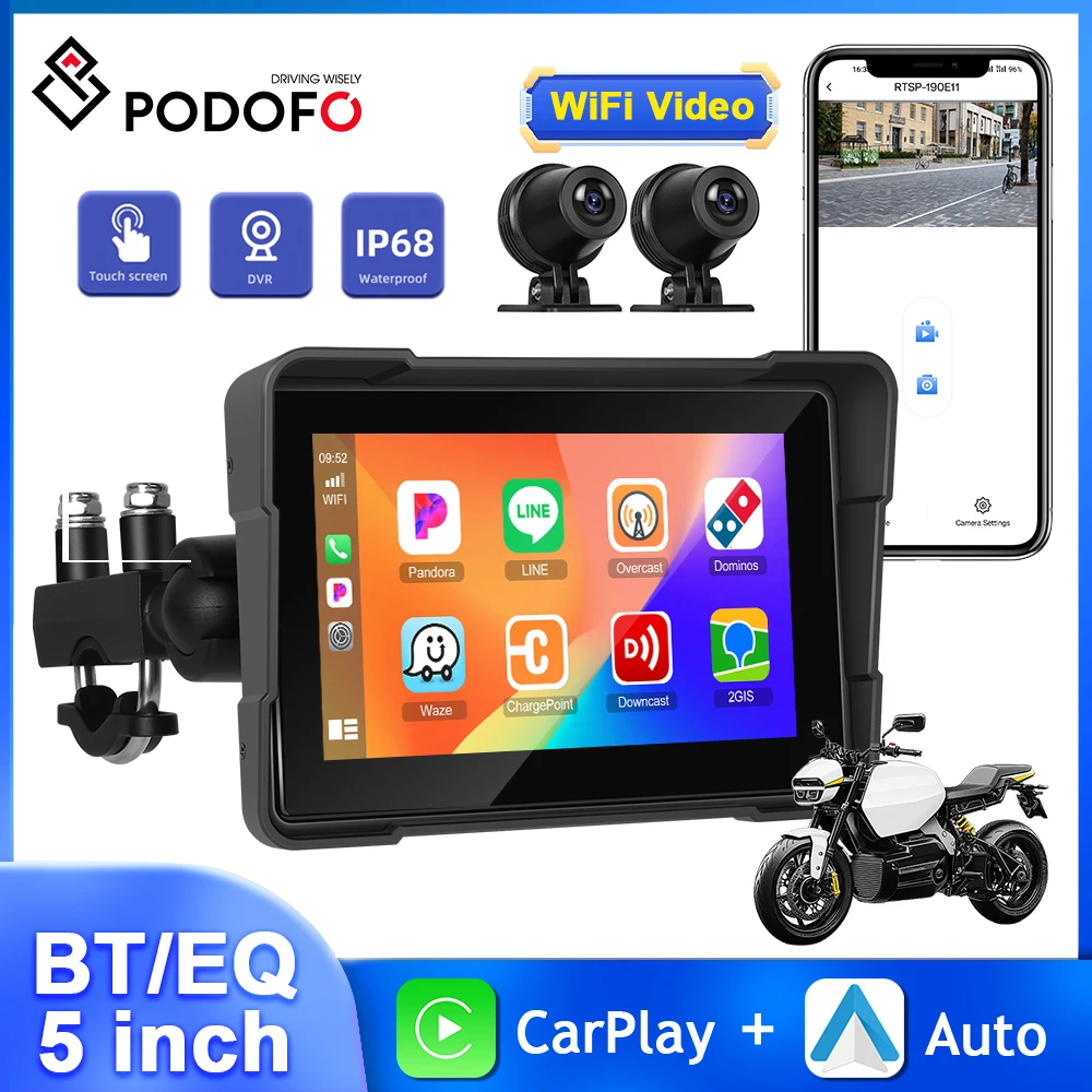 Podofo 5'' Portable Smart Player Motorcycle Carplay Android Auto IP68 Waterproof Motor DVR Dual Cameras EQ WIFI GPS Navigation