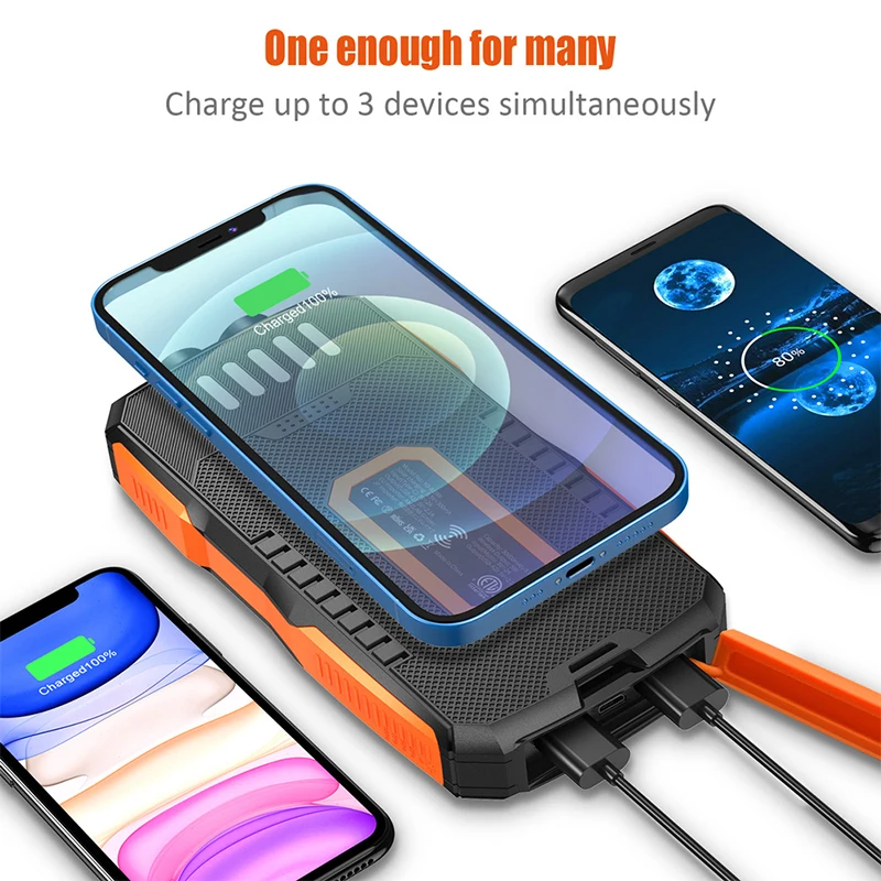 25000mAh Solar Power Bank Portable Qi Wireless Charger Powerbank for iPhone 14 Samsung Huawei Xiaomi Poverbank LED Camping Light