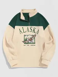 ZAFUL Streetwear Vintage ALASKA Graphic Eagle Printed Colorblock Fleece Quarter Zip Sweatshirt