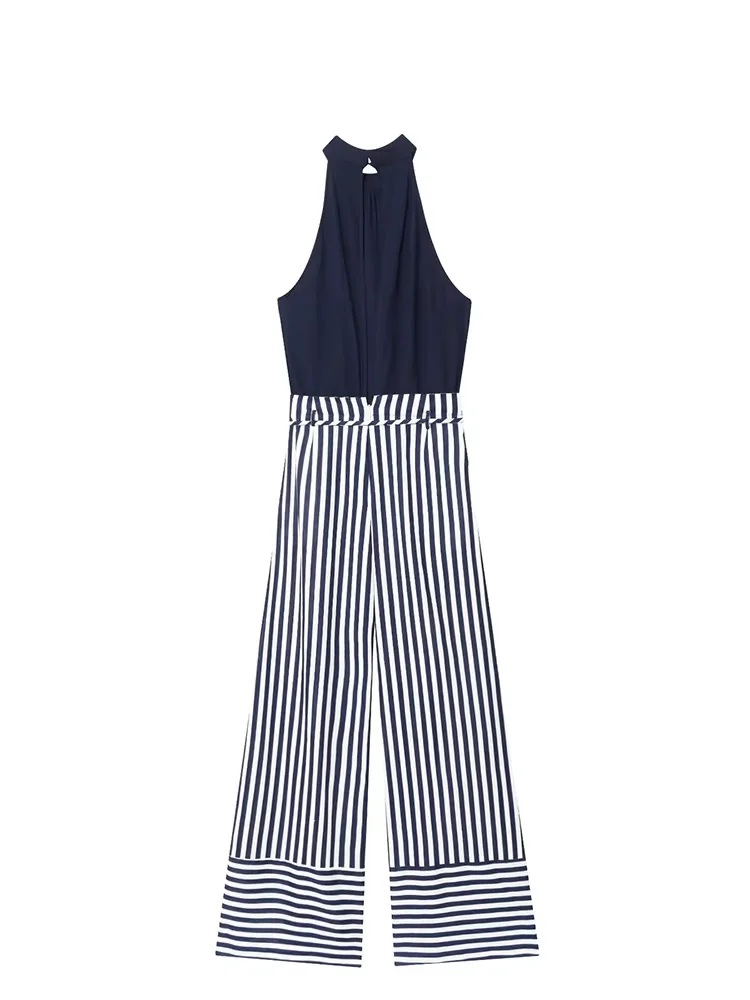 HH женский новый полосатый комбинезон без рукавов с круглым вырезом и поясом, летний женский комбинезон с карманами и полой молнией сзади, широкий комбинезон