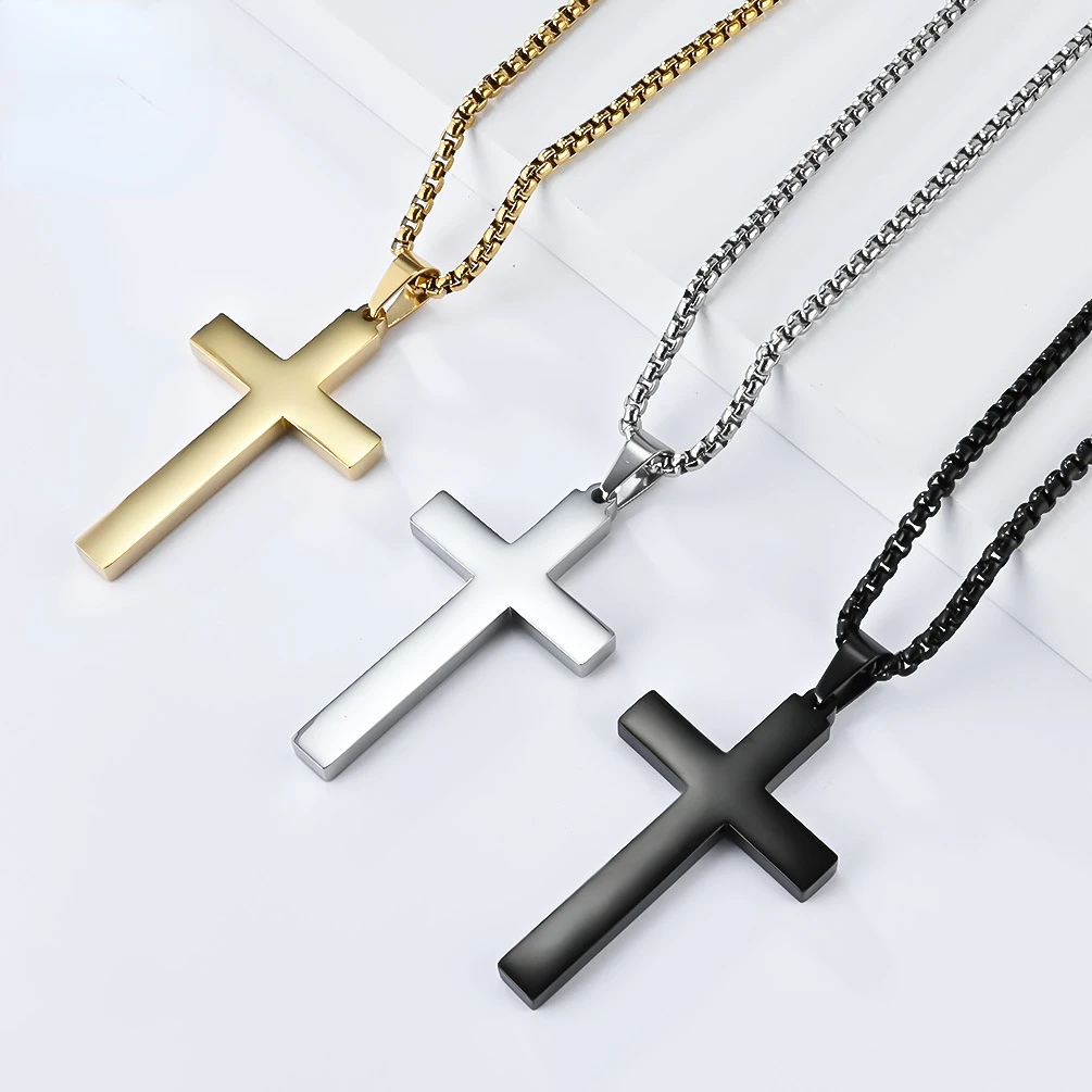 3mm Stainless Steel Pendant Gold Color Box Chain Neckalce for Men Fashion Peace Faith Divine Couple Gifts