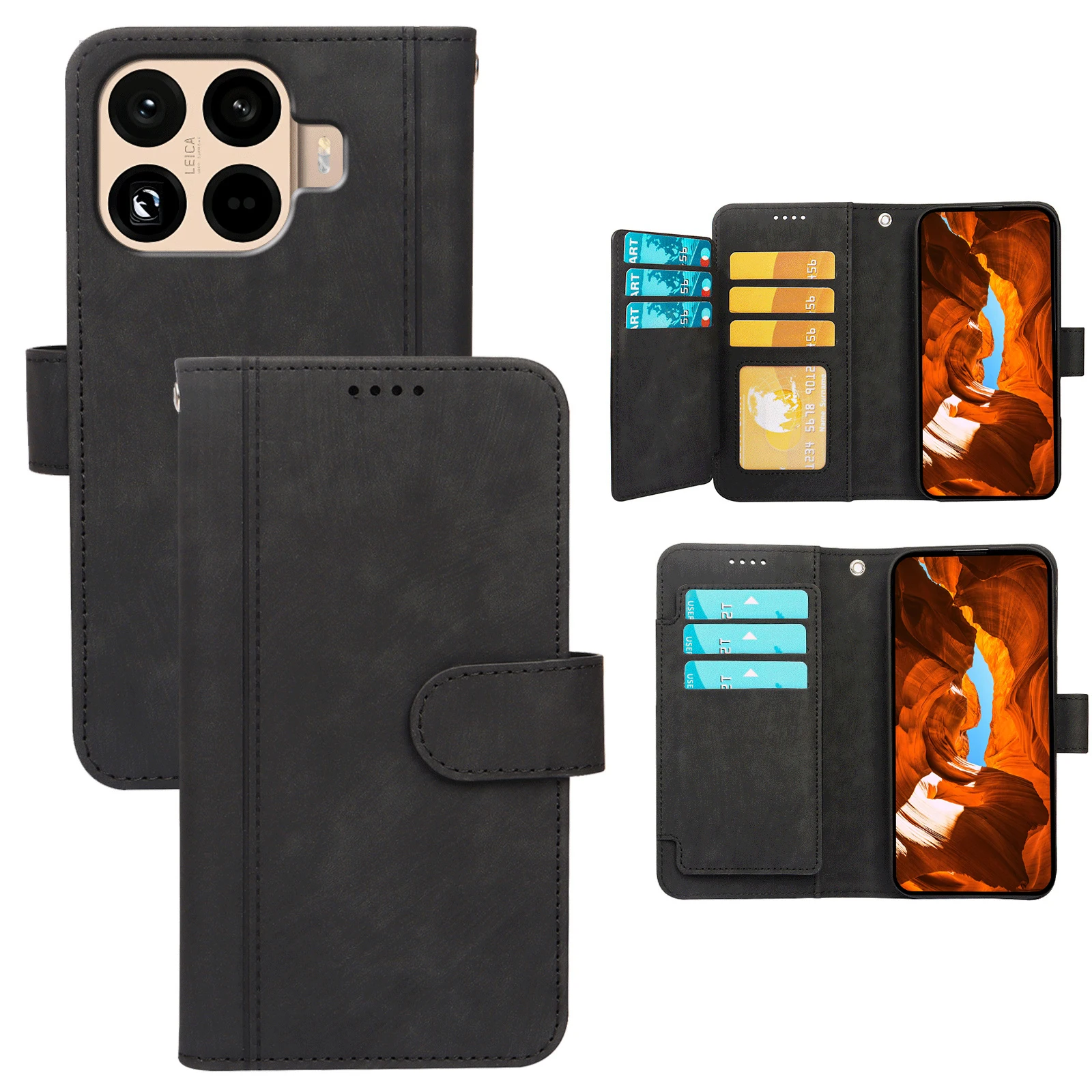

For Xiaomi 17T Pro Leather Case Line Pattern Wallet Phone Cover with 9 Card Slots - Black