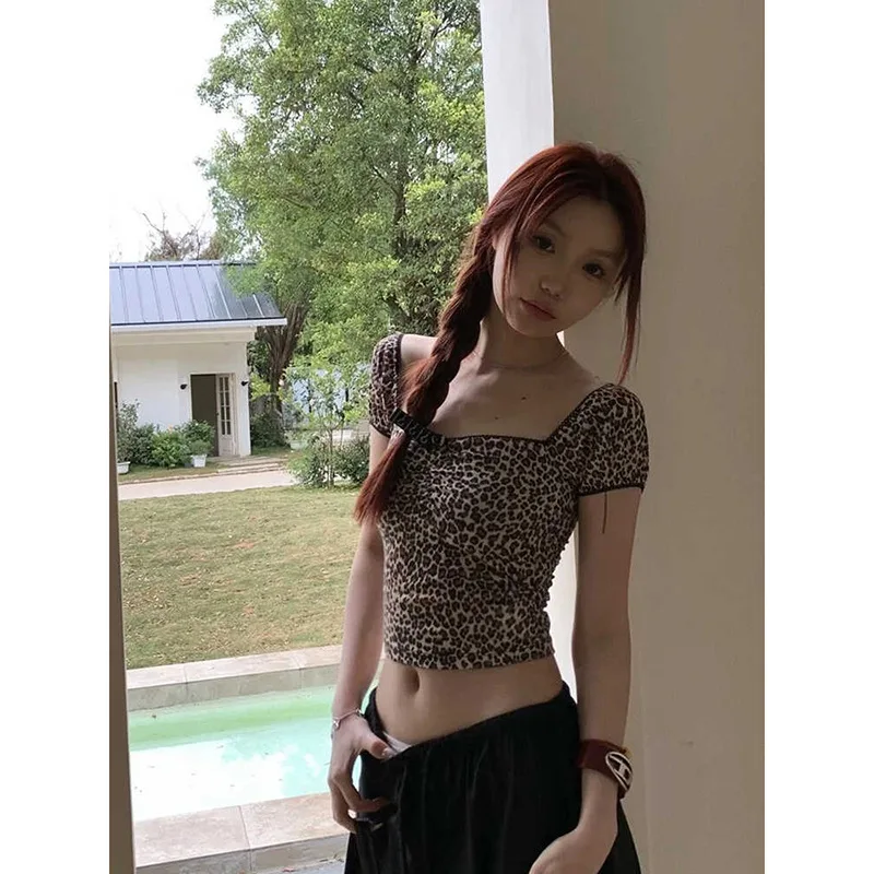 

Leopard Print Square Collar Short T-shirt Women's Summer New Slim-fit Navel