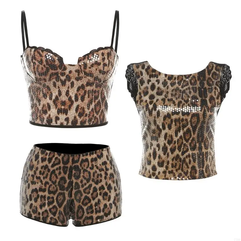 77HE Eye Catching Sequins Leopard Print Women's Shorts Short Pants Great for Clubbing