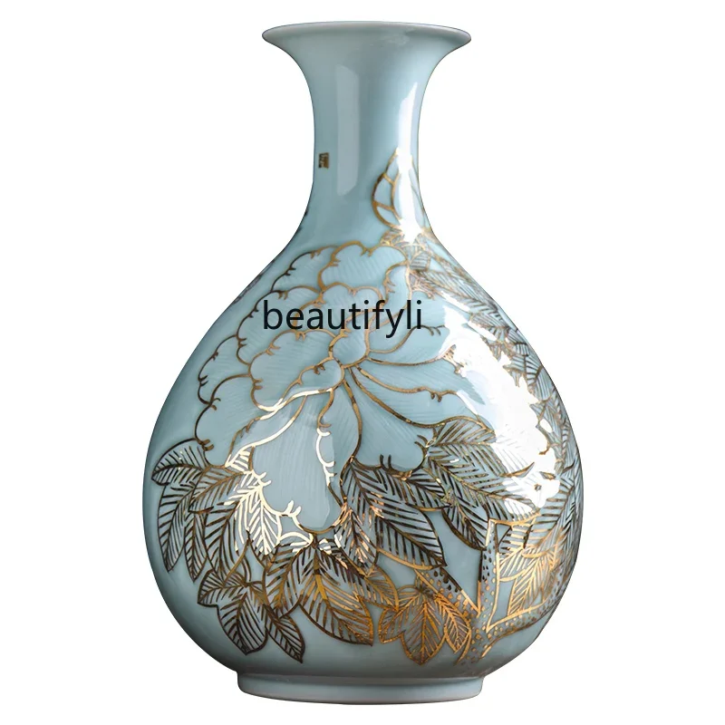 

Jingdezhen Ceramics Celadon Glaze New Chinese Style Light Luxury Gold Vase Home Living Room Decorations