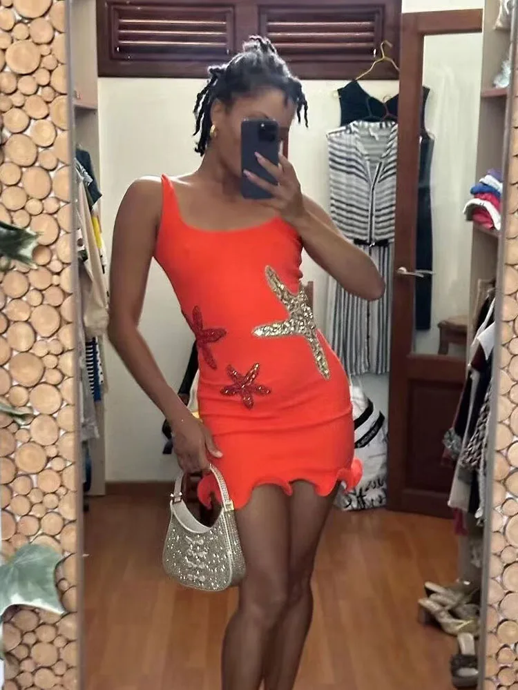 

TRAFZA Dress For Women Fashion Glittering Star Embellished Mini Dress Woman Casual Sleeveless Bodycon Sexy Holiday Dresses