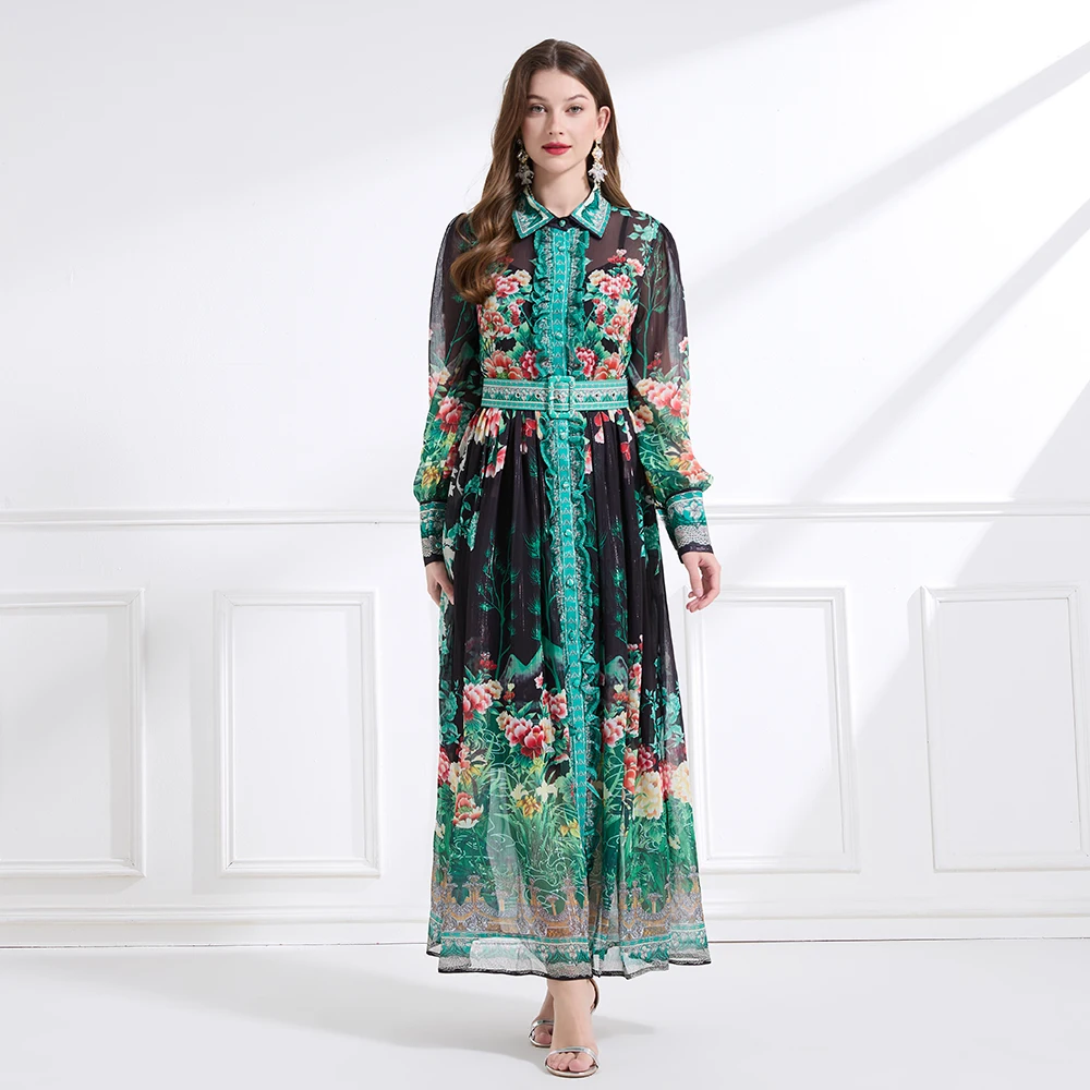 2025 primavera/verão chiffon camisa gola impressa vestido longo vintage manga longa lanterna cintura-emagrecimento vestido conjunto de duas peças