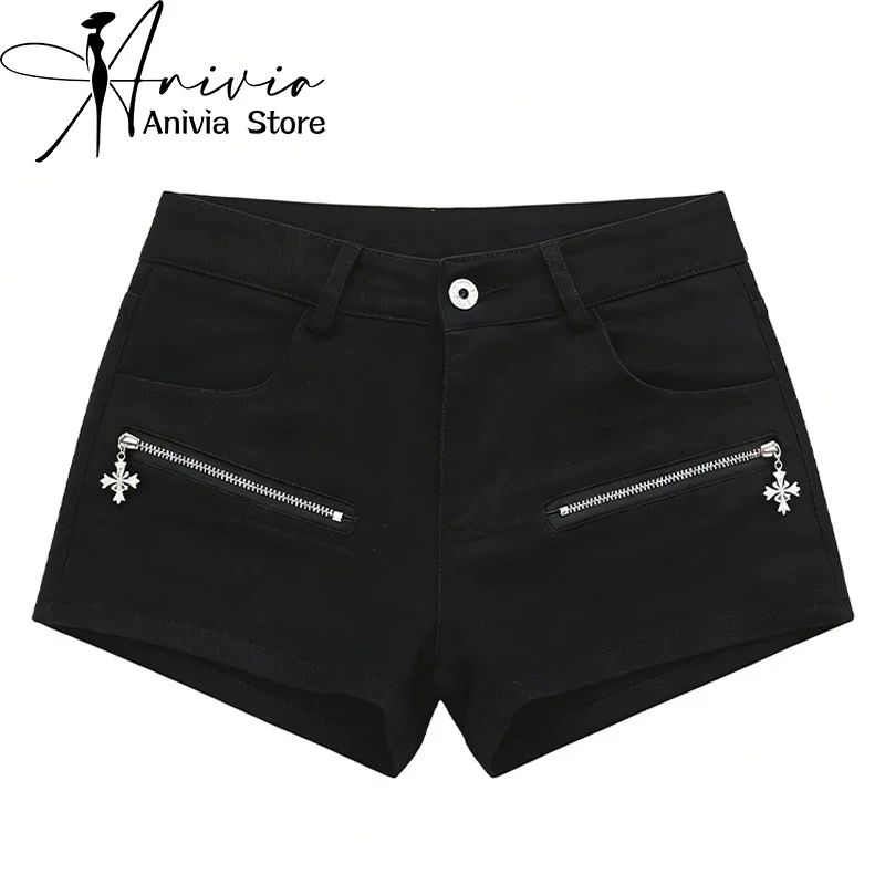 Women's Black Gothic Zipper Denim Shorts Y2K Harajuku High Street Aesthetic 2000s Fashion Retro Jeans Shorts Clothes 2026 New
