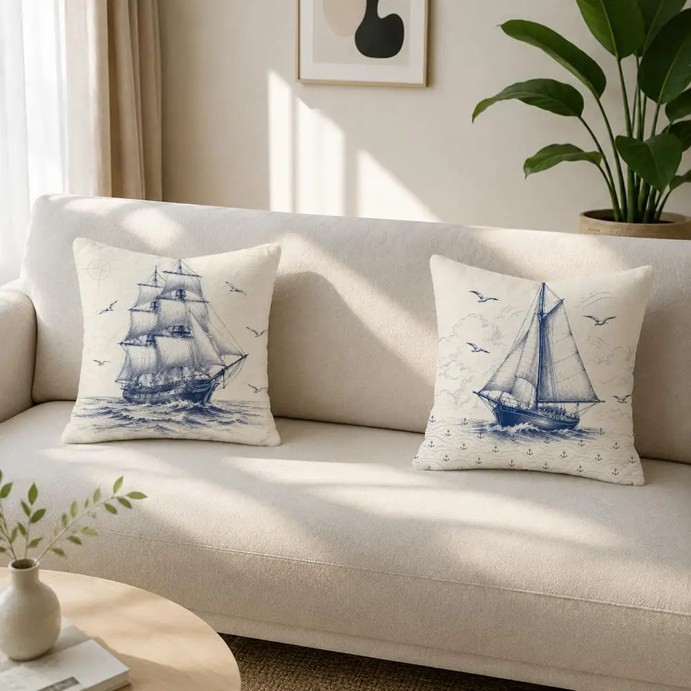 Pattern Sailing Sailboat Pattern Cushion Cover Soft Plush Cushion Covers Fluffy Throw Pillow Cases for Sofa Bedroom Home Decor