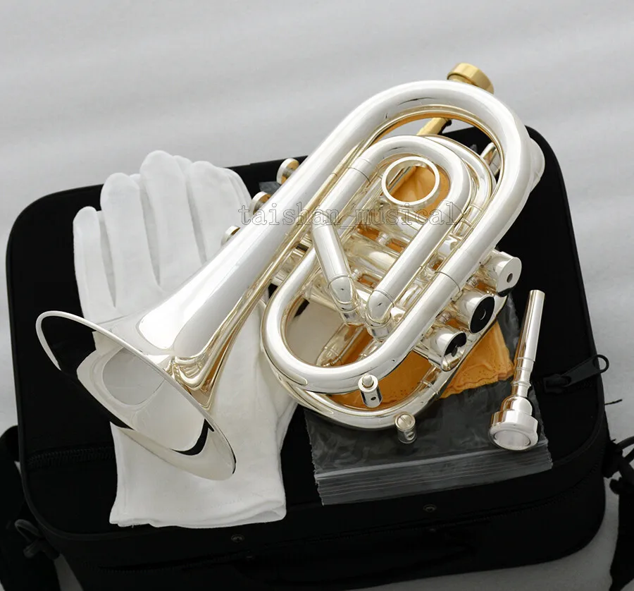 PerformanceProfessional Silver Plated Pocket Trumpet Bb Key Monel Valves Free 2 Mouthpiece
