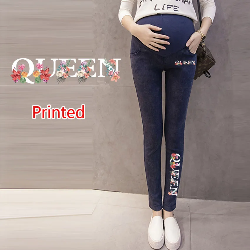 

Pregnancy Abdominal Pants Queen Printing Jeans Maternity Pants For Pregnant Women Clothes High Waist Trousers Loose Denim Jeans